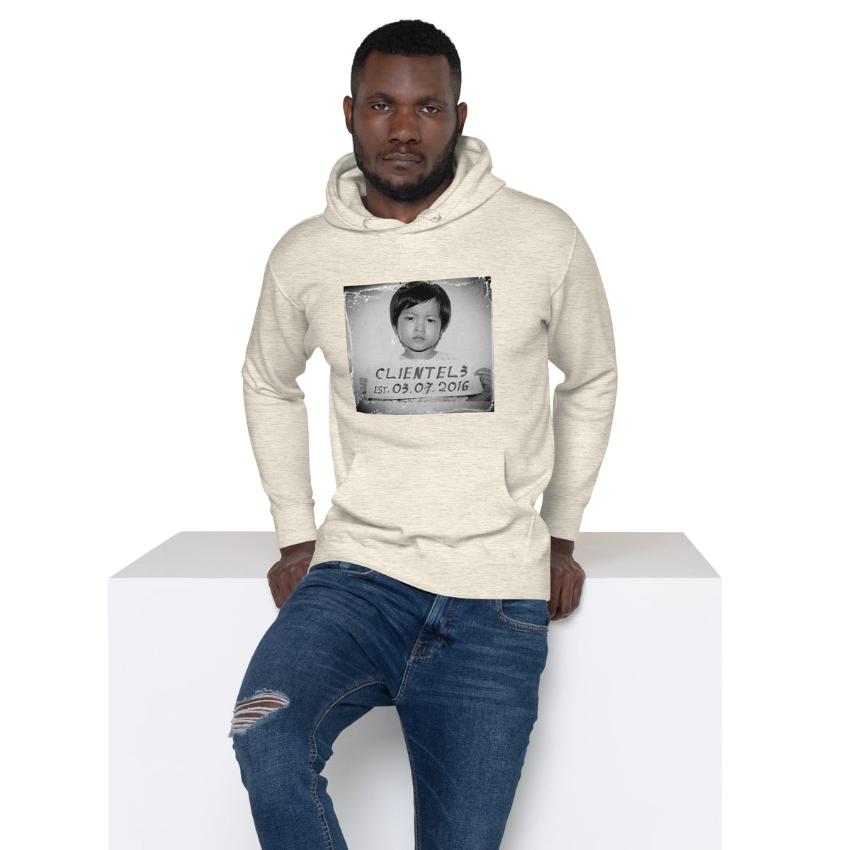 Men's Immigrant Hoodie in Oatmeal Heather, on model