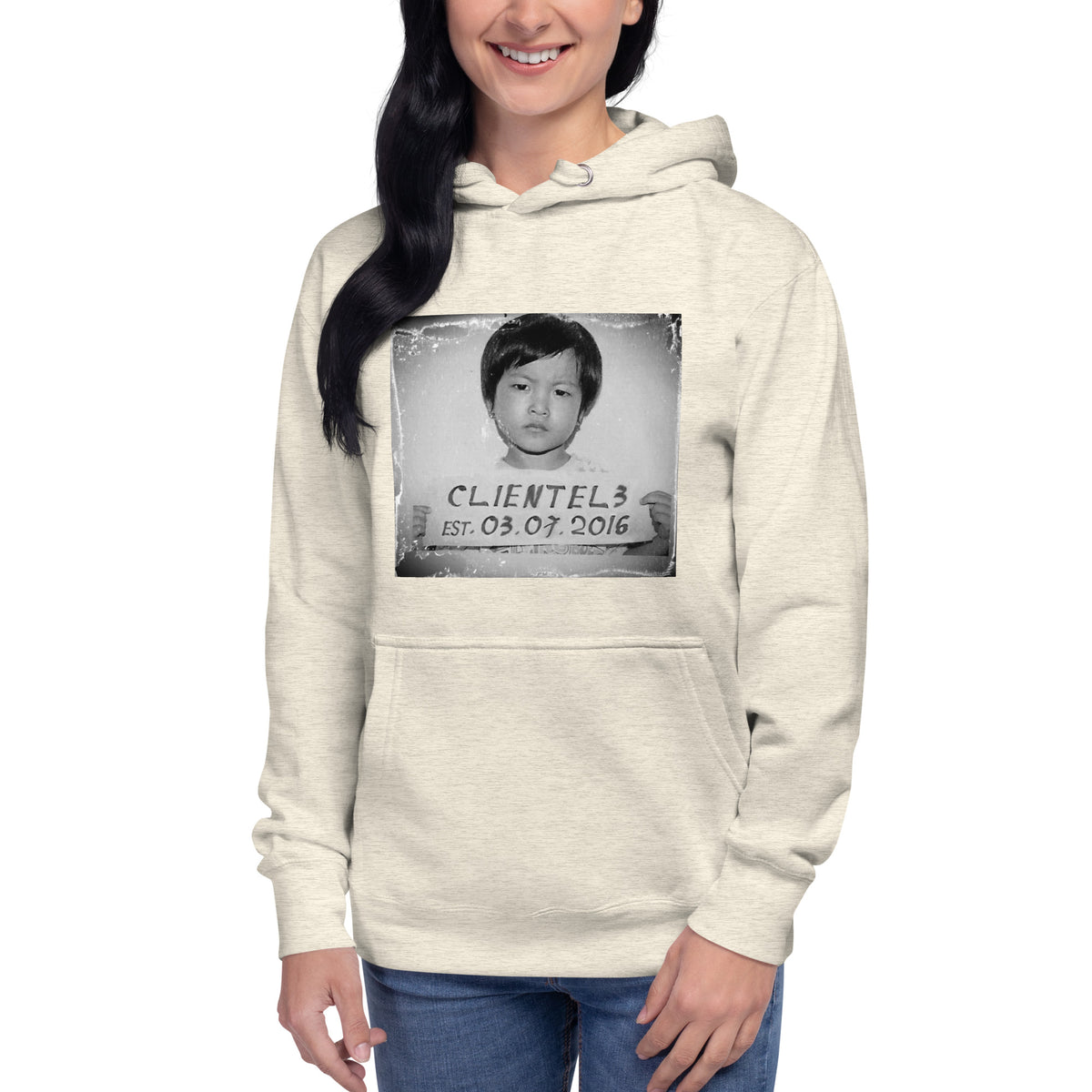 Women's Immigrant Hoodie in Oatmeal Heather, on model