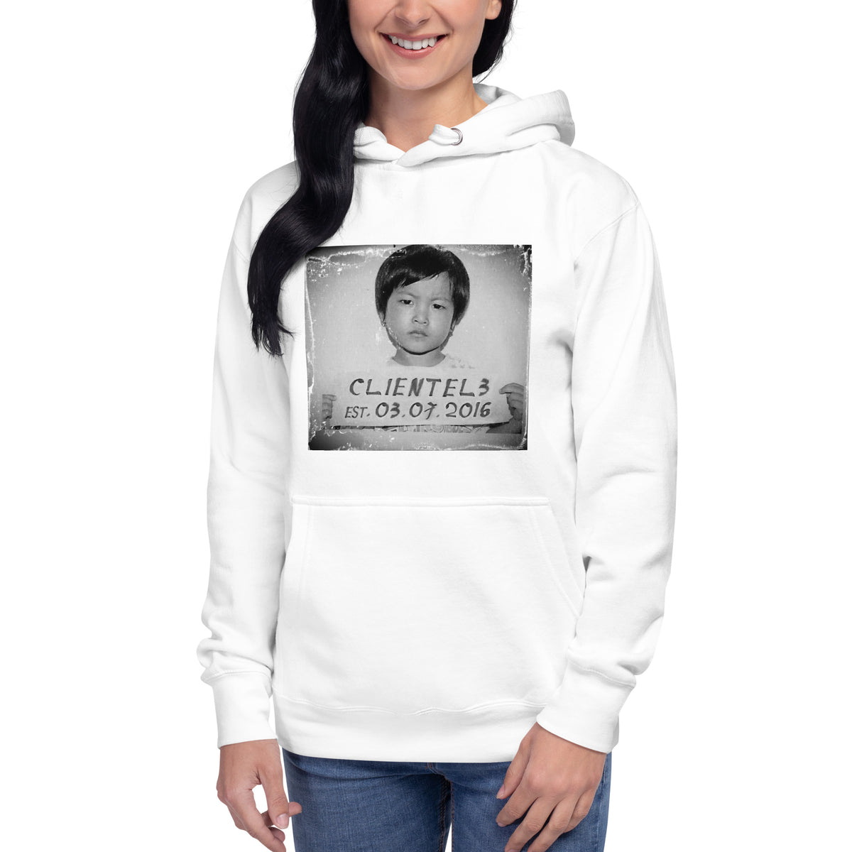 Women's Immigrant Hoodie in White, on model